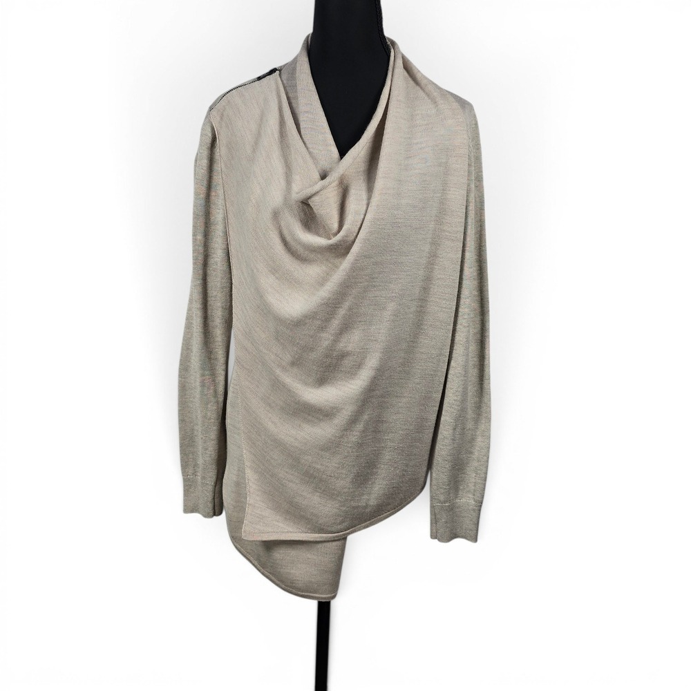 AllSaints Drina Cardigan Woman Sz 4 Oatmeal Beige Merino Wool Draped Asymmetric